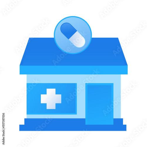 Modern blue pharmacy building icon illustration for healthcare websites and applications