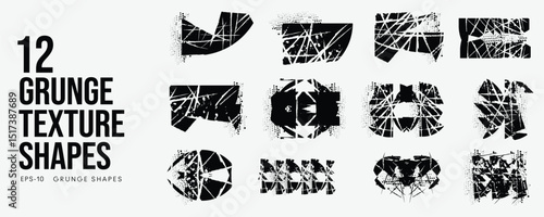 Grunge Graffiti Halftone Texture Elements Set Abstract Geometric Shapes. Ink Spray Horror Borders. Glitch Distortion.  Noise Overlay And Distressed Vector Effects