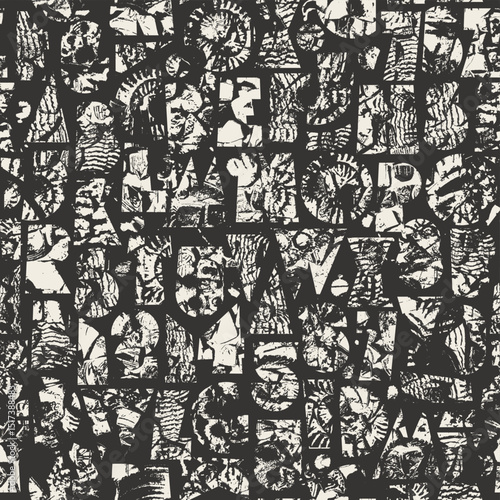 Abstract vector seamless background pattern with simple, thick font consisting of geometric shapes with grunge texture, shells, trilobites and ammonites on paleontology theme. No AI used.