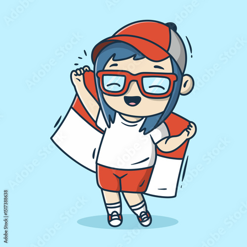 Cute girl character holding the Indonesian flag