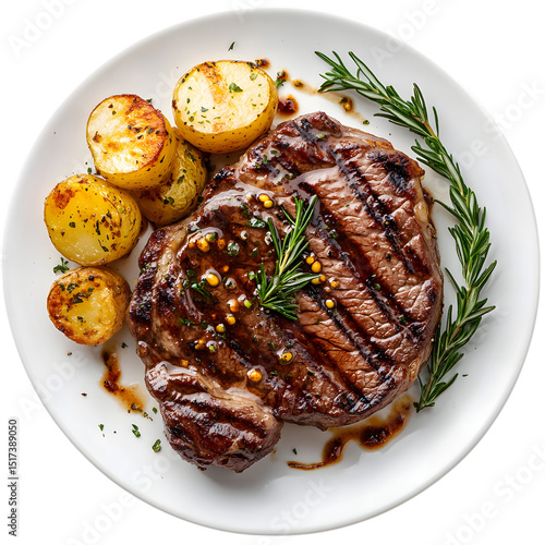 Grilled steak with roasted potatoes and rosemary isolated on transparent background