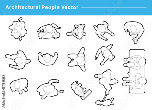 CAD Drawings. Set people outlines isolated on white background. Sitting, walking, running. Top view. Vector illustration.	