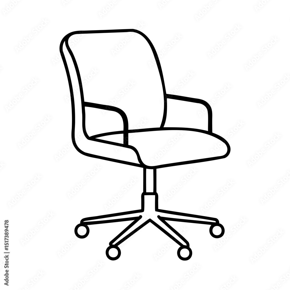 Simple outline illustration of an office chair with armrests and rolling base in white Simple outline illustration of an office chair with armrests and rolling base in white