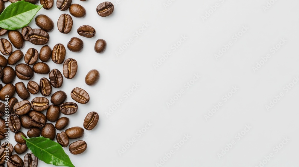 Naklejka premium Roasted Coffee Beans with Green Leaves on White Background