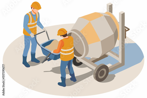 Workers on a construction site wear safety gear and use appropriate equipment to mix and transport concrete per industry regulations.