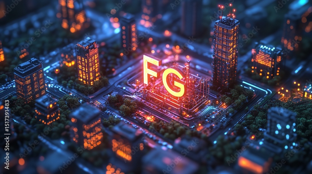 Obraz premium A futuristic city glows beneath the neon FG digital innovation connectivity hub with low angle and