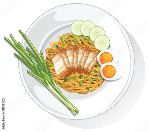 Thai Noodle Dish with Pork and Eggs Illustration