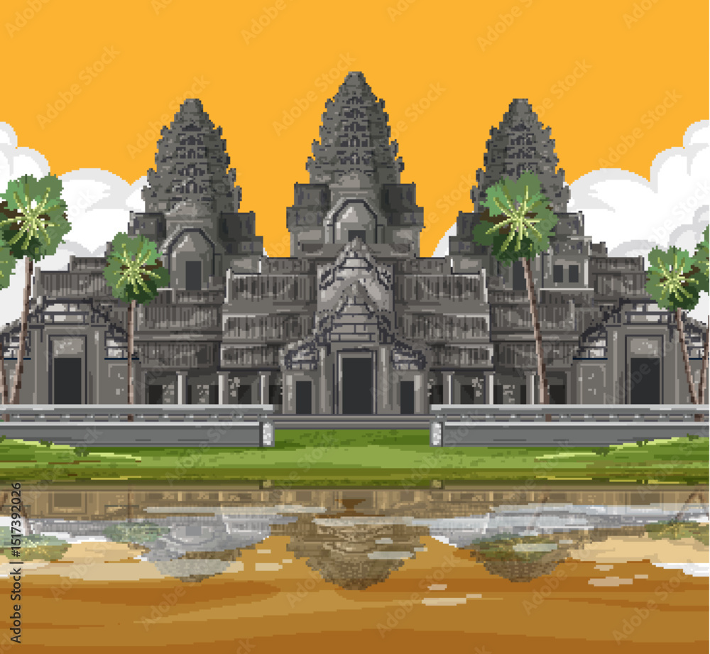 Fototapeta premium Angkor Wat Temple Vector Illustration with Reflection