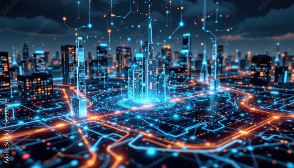 Futuristic Smart City Digital Network Connecting Buildings and Infrastructure Futuristic Smart City Digital Network Connecting Buildings and Infrastructure