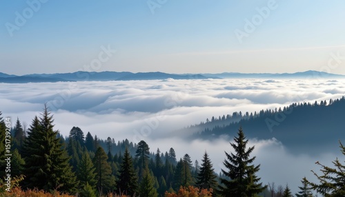 Majestic Mountain Landscape with Sea of Clouds Panoramic View of Evergreen Forest above Misty Valley