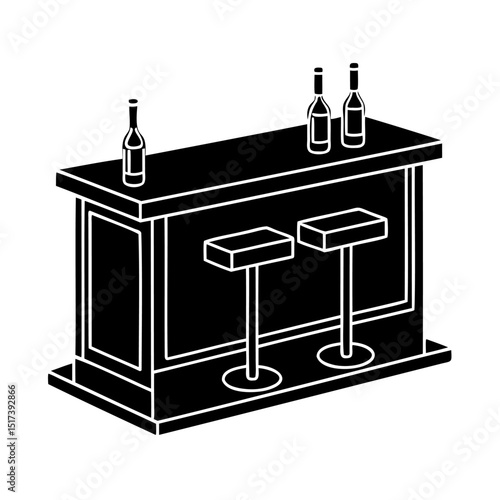Black and white illustration of a bar with bottles and two stools for nightlife and socializing