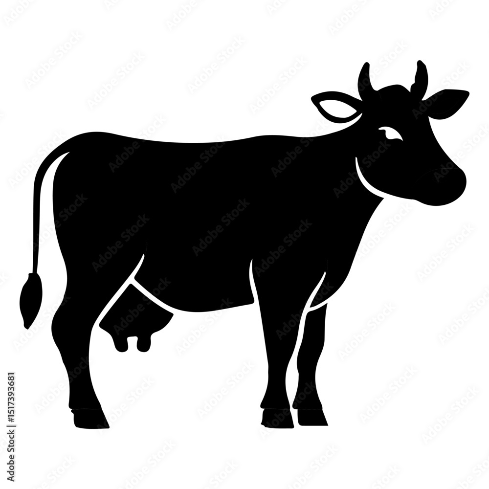 A black silhouette of a cow standing facing right with horns and a tail A black silhouette of a cow standing facing right with horns and a tail