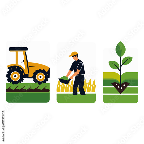 Three square graphics display a yellow tractor on grass a farmer tending crops and a seedling sprouting from layered soil