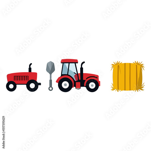 Two red tractors a shovel and hay