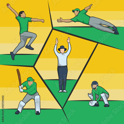 Flat Design Illustration: People Playing Cricket in Various Poses
