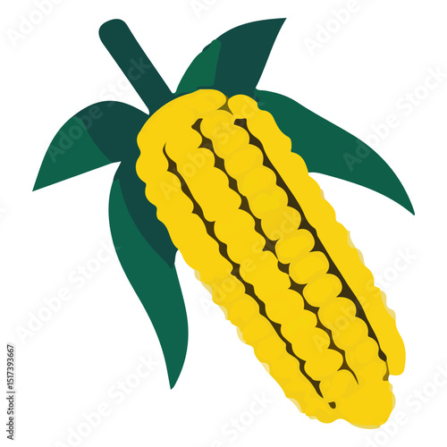 A cartoonish corn cob with green leaves and a short stem displaying plump yellow kernels arranged in neat rows