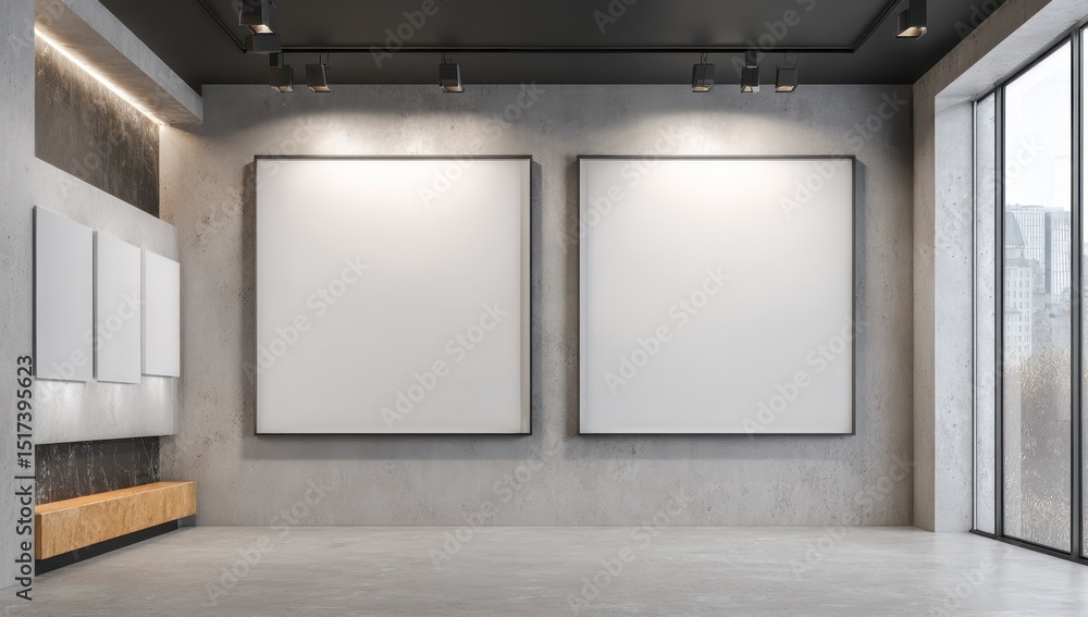 Modern gallery interior with blank canvases Modern gallery interior with blank canvases