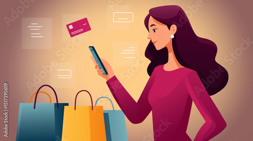 スマートフォンでネットショッピングを楽しむ女性と買い物袋のイラスト