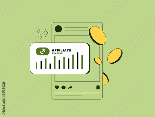 Affiliate marketing on social media, combining influencer collaboration and content tactics for enhanced digital reach. Social media marketing, affiliate advertising approach. Vector illustration