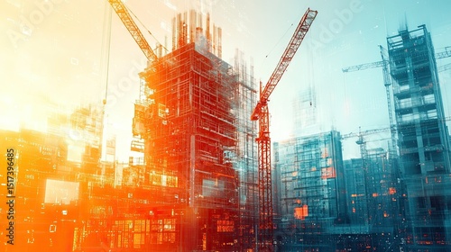 Futuristic digital construction engineering concept with double exposure effects