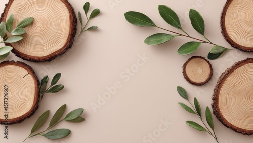 Wallpaper Mural Light beige background with wooden slices and green leaves Torontodigital.ca