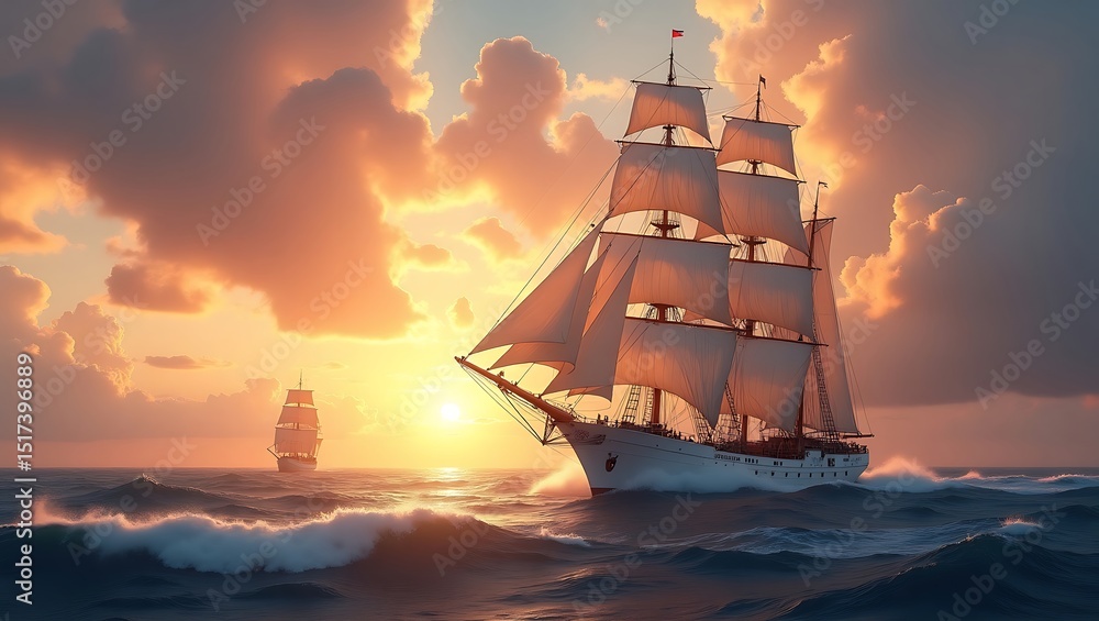 Fototapeta premium Sailing ship at sunset seascape painting, ocean art, vintage tall ship, nautical vessel, sea voyage 