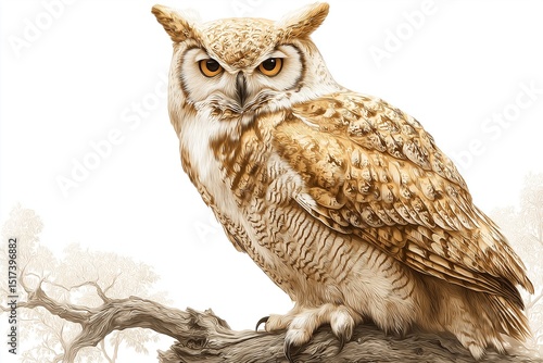 Sleek golden owl perched on branch on solid white background, wise bird illustration, minimalist avian art