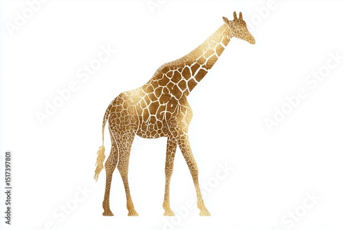 Stylized golden giraffe with long neck on solid white background, minimalist wildlife art, elegant animal design
