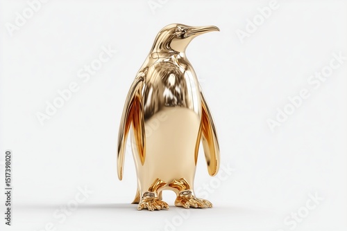 Stylized golden penguin standing tall on solid white background, minimalist bird art, elegant avian illustration