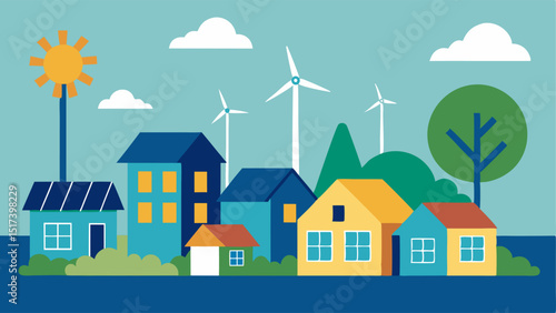 Community Energy Cooperative Homes in a suburban neighborhood with shared solar panels and a communal wind turbine emphasizing communitydriven renewable energy initiatives.