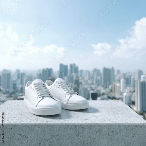 Crisp White Canvas Shoes on a Concrete Ledge Cityscape in Background