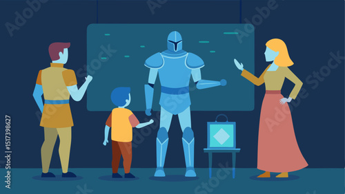 Interactive Artifact An illustration of a medieval armor exhibit where a family interacts with a hovering hologram showcasing the history of the armor complete with animated battle