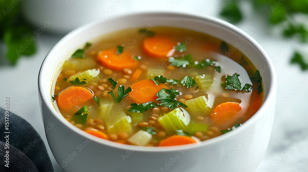 Hearty Vegetable and Lentil Soup in a White Bowl Hearty Vegetable and Lentil Soup in a White Bowl