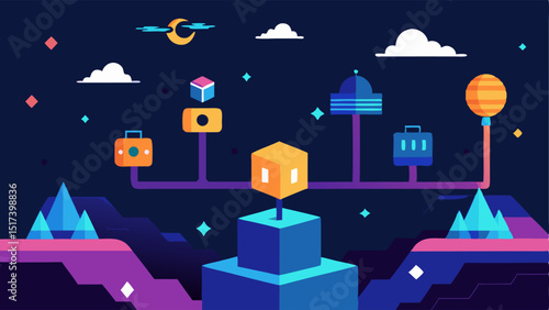 Blockchain Scalability A futuristic gaming landscape with expanding blockchain pathways showing how the gaming ecosystem can grow and adapt using blockchain technology.