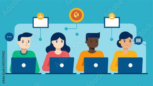 Community Mining A group of diverse people sitting at computers collaborating and discussing over a shared mining project symbolizing the community aspect of cryptocurrency mining.