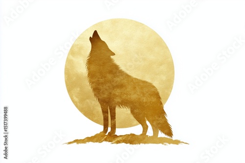 Stylized golden wolf howling at moon on solid white background, minimalist wildlife silhouette, symbolic animal art