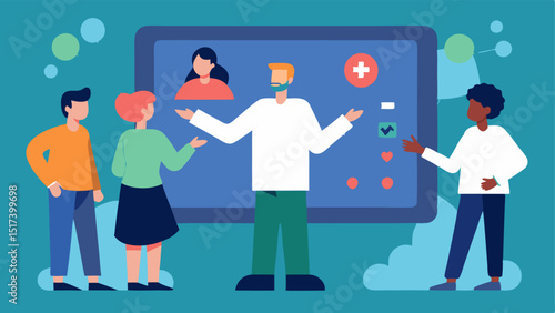 Interactive Health Education Display A large touchsensitive screen showing animated sequences explaining health conditions surrounded by patients pointing and engaging with the