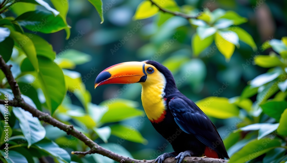 Naklejka premium a vibrant tropical scene with a large toucan perched prominently in the center of the frame