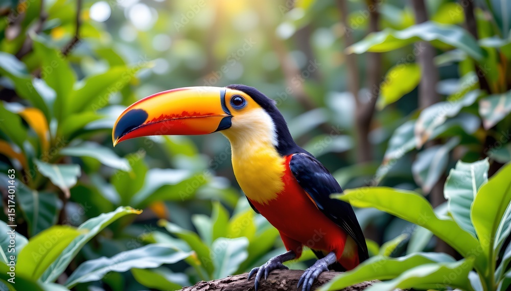 Fototapeta premium a vibrant toucan with a yellow beak and red plumage is perched on a branch surrounded by lush greenery