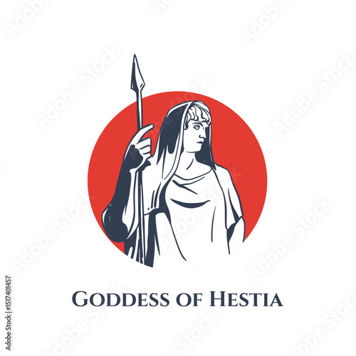 Hestia or Vesta the ancient Greek virgin goddess of the hearth and the home holding spear hand drawn vector illustration