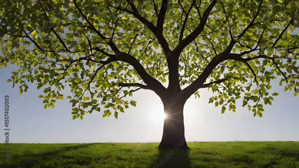 Obraz premium Giant Tree Silhouette: A breathtaking image capturing the sun's embrace as it filters through the canopy of a magnificent tree, with the gentle grass embracing the earth. The sun is behind the tree.