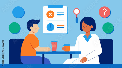Patient Consultation An illustration of a doctor and patient seated at a table discussing treatment options with charts of stem cells and their benefits displayed in the