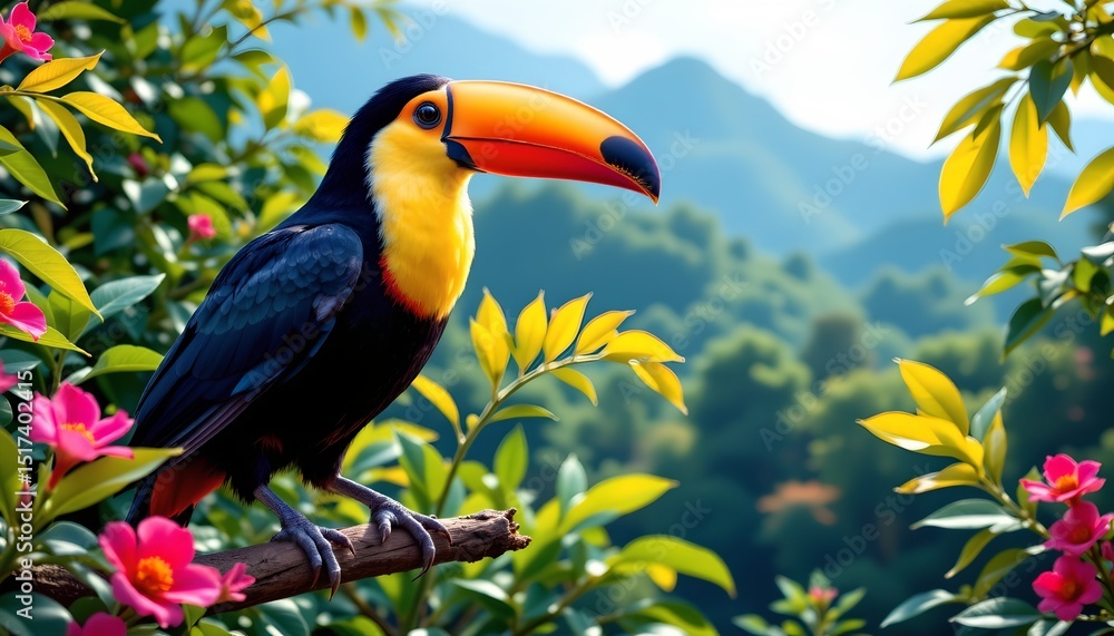 a brightly colored toucan perched on a tree branch within a lush green jungle environment a brightly colored toucan perched on a tree branch within a lush green jungle environment