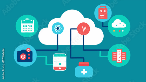 Health Data Clouds Stylized cloud icons filled with medical data like samples and imaging scans connected to AI systems showing how data is processed for diagnostics.