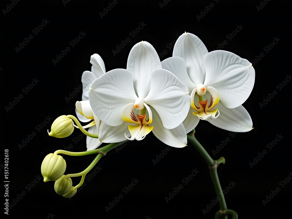 Obraz premium Beautiful white orchid flower blooming on black background close up macro photography stock photo for designers 