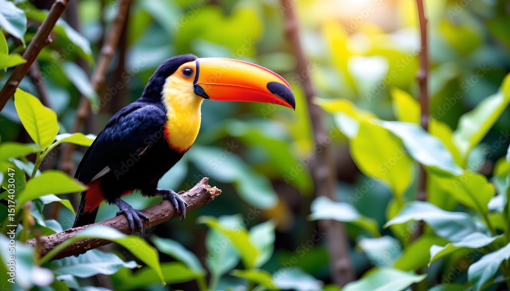 Fototapeta premium a vibrant toucan bird with yellow, blue, and red plumage perches on a branch surrounded by lush green foliage