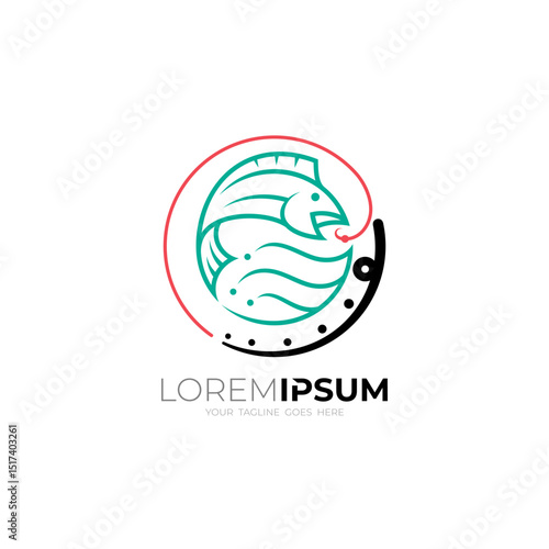 logo of fish being fished and forming a circle, fishing logo