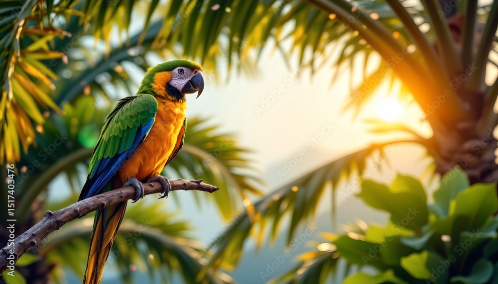 Obraz premium there is a colorful parrot perched on a branch of a tropical tree. the bird is sitting near palm fronds that are visible in the background