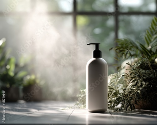 Bottle Mockup Against Window in Soft Lighting with Natural Background Plants