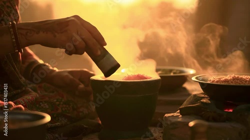 Wallpaper Mural A person skillfully adding vibrant spices to a traditional stone mortar at sunset, with bowls of ingredients in the background Torontodigital.ca